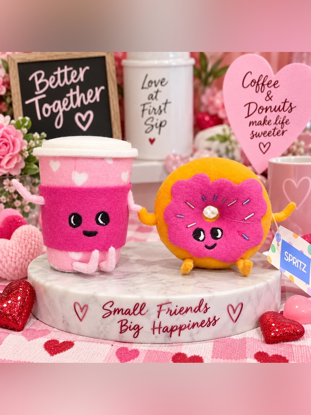 Spritz Coffee & Donut Lovers Cute Duo Plush Decor Pink Hearts Office Decor NWT